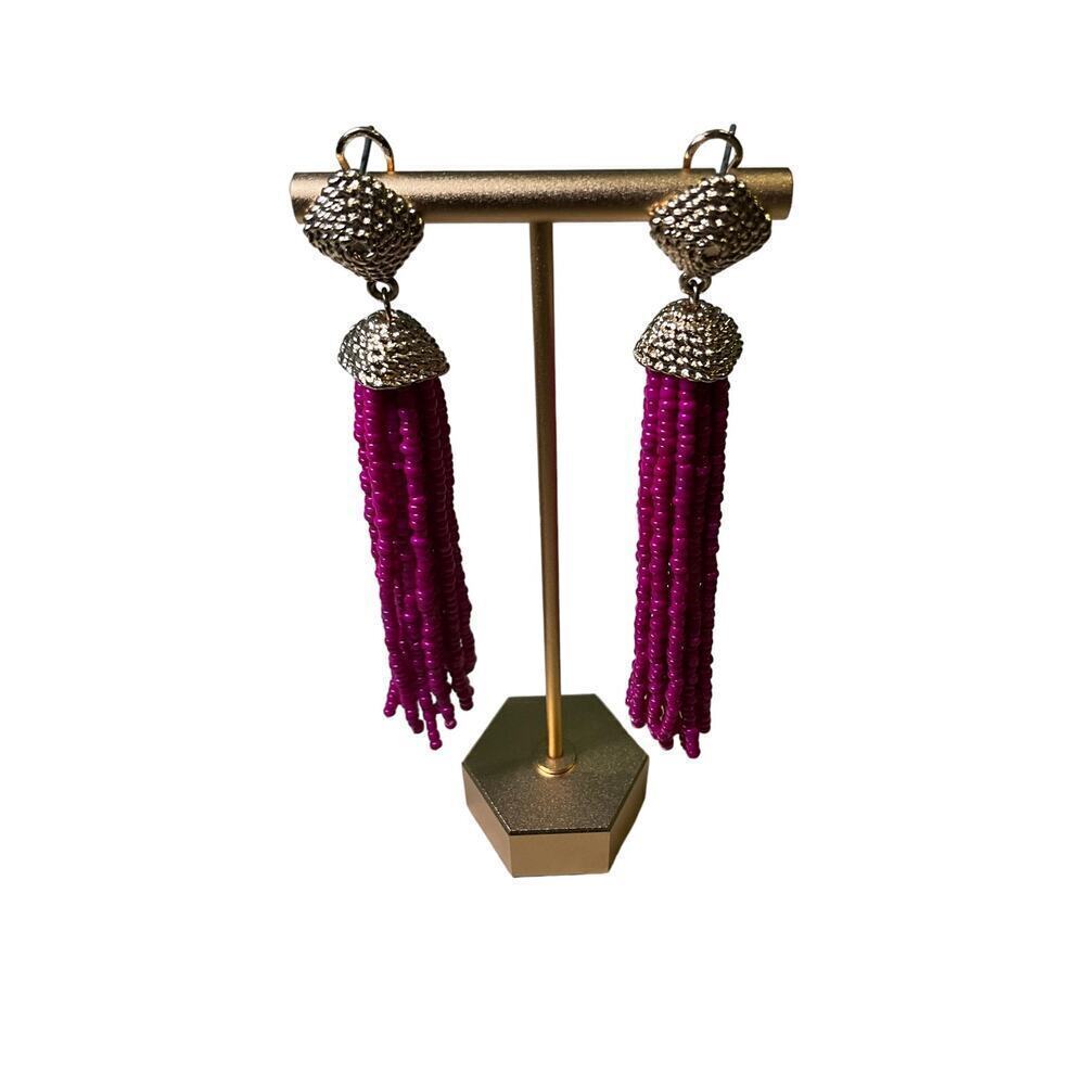 Aqua Hanging Earrings Beaded Tassel Gold Hot‎ Pink 4 Inches NEW